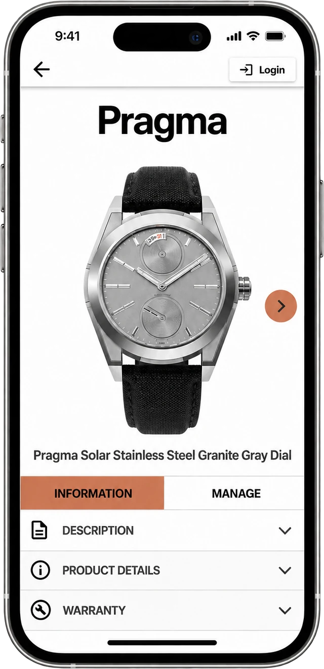 Pragma digital passport: Solar Stainless Steel, Granite Gray dial