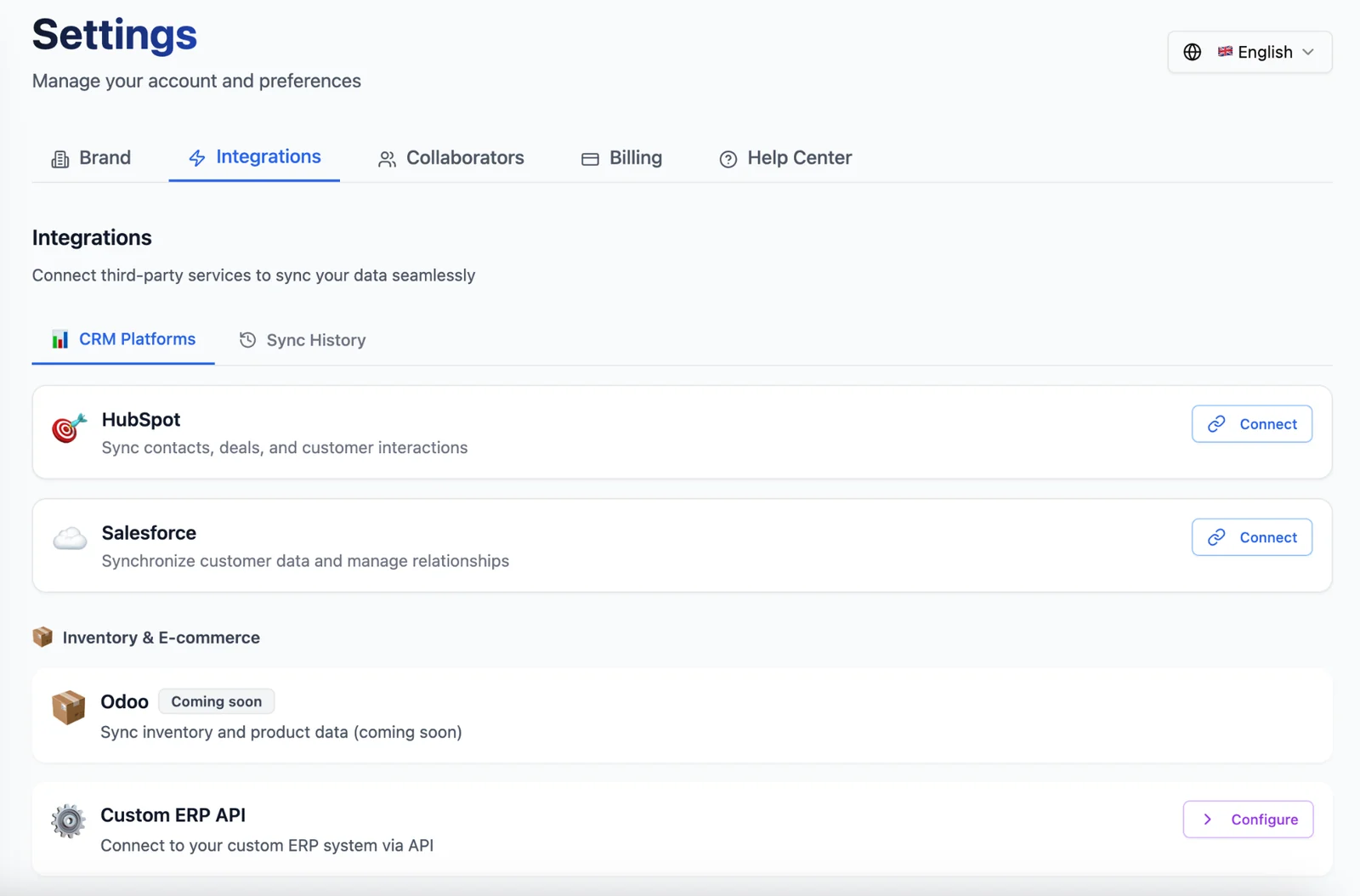 Integrations view of the Horae platform